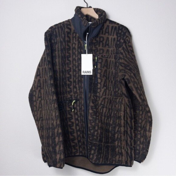 NWT RAINS Heavy Fleece Jacket L Unisex Wood Black Monogram Oversized Boxy - Picture 4 of 12